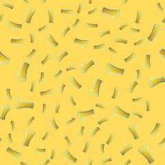 Endless seamless pattern of yellow beautiful glass goblets with alcohol tasty tasty light beer, foamy hop lager on a yellow background. Vector illustration