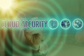 Word writing text Cloud Security. Business photo showcasing Imposing a secured system of existing data in the Internet Elements of this image furnished by NASA