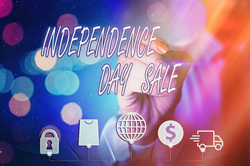Writing note showing Independence Day Sale. Business concept for Anniversary Bargain Celebration of Freedom of the Republic