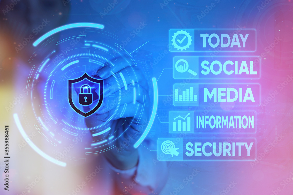 Poster writing note showing social media information security. business concept for careful in using multim