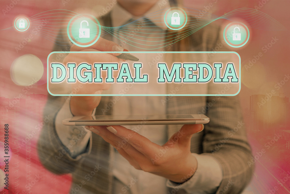 Aufkleber word writing text digital media. business photo showcasing accessing any digitized content using ete