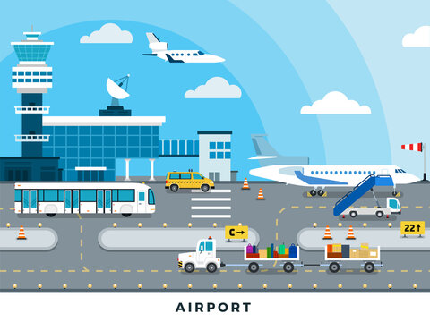 International airport terminal vector flat illustration.