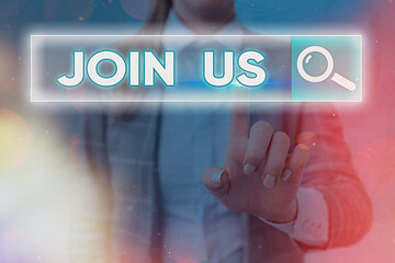 Word writing text Join Us. Business photo showcasing Any Business assembling for team, unity, and...
