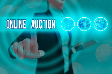 Word writing text Online Auction. Business photo showcasing digitized sale event which item is sold...