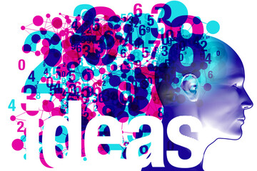 An adult side profile overlaid with various semi-transparent magenta and cyan shapes objects and details. The word “Ideas” is placed across the bottom of the composition.