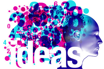 Fototapeta premium An adult side profile overlaid with various semi-transparent magenta and cyan shapes objects and details. The word “Ideas” is placed across the bottom of the composition.