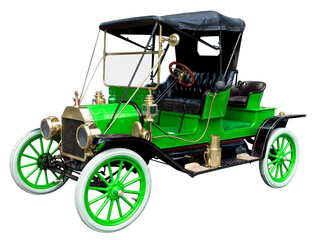 Fototapeta na wymiar Antique Vintage Green Automobile Against White