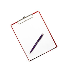 Red plastic clipboard with blank paper sheet isolated on white background