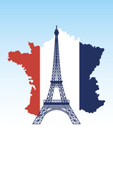 france eiffel tower with flag map of happy bastille day vector design