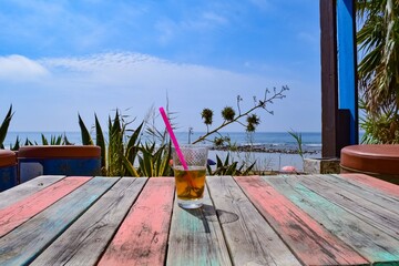 Nice alcohol drink at the beach of Zahora on the beach bar of Sahorami, Andalusia with sea view