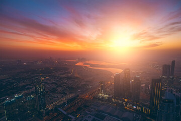 Naklejka na ściany i meble Dubai skyline at sunrise, modern futuristic luxury Arab city, aerial view.