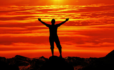 Open his arms, silhouette   man silhouette at sunset  