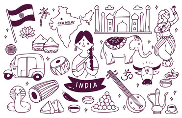 India Travel Destination Doodle Set Vector Illustration