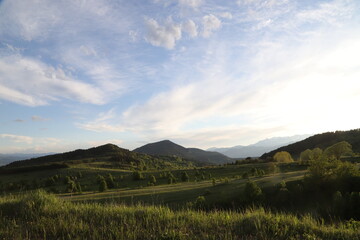 Scenic panoramic landscape of a picturesque green mountain valley in spring. Historic village with blossoming trees and traditional houses.Savsat/ARTVİN/TURKEY