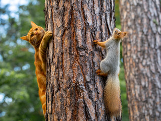 a red cat tries to hunt a squirrel in a pine forest
