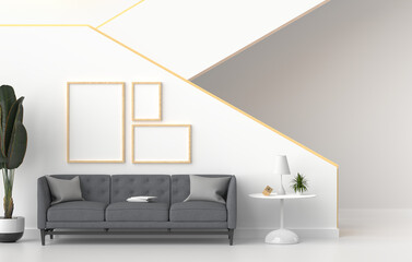 Mockup empty photo frame in living room. 3D rendering.