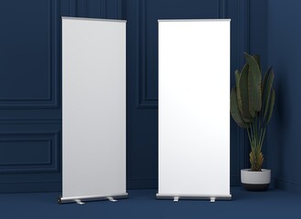 Roll Up Banner Stand Mockup in living room. 3D rendering.