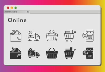 online icon set. included online shop, wallet, shopping cart, shopping-basket, delivery truck, shopping basket icons on white background. linear, filled styles.