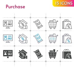 purchase icon set. included online shop, shopping bag, mortgage, shopping cart, trolley icons on white background. linear, bicolor, filled styles.
