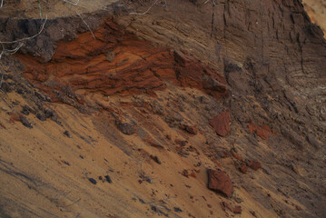 Red clay quarry. Clay quarry. Top view of a sand excavation site. Earth rocks are digging for building materials. Beautiful natural landscape to the land. Quarry with sand, sand loading, ground water,
