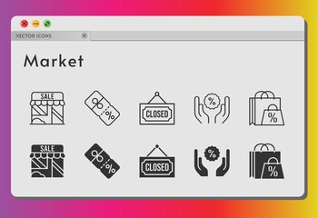 market icon set. included shopping bag, shop, discount, closed icons on white background. linear, filled styles.