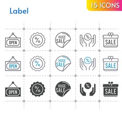 label icon set. included gift, sale, discount, open icons on white background. linear, bicolor, filled styles.