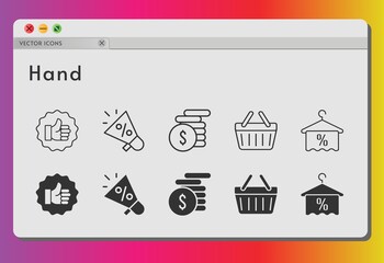 hand icon set. included megaphone, money, like, towel, shopping-basket, shopping basket icons on white background. linear, filled styles.