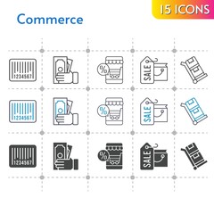 commerce icon set. included online shop, shopping bag, money, barcode, trolley icons on white background. linear, bicolor, filled styles.