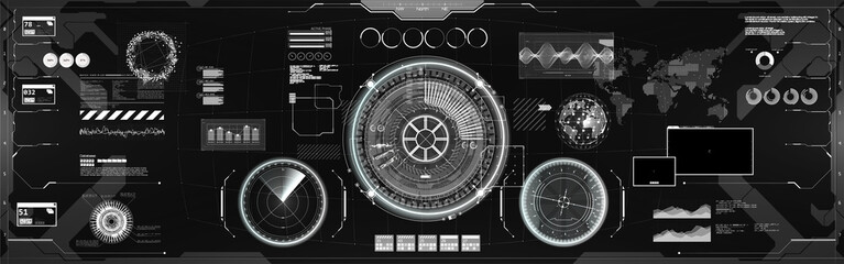 Black and white UI, GUI elements in HUD style. Virtual cockpit or control center, spaceship dashboard with futuristic user interface HUD (radar, circle gadgets, Earth Globe, sound wave and other) © SergeyBitos