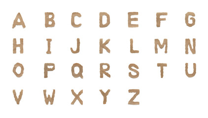 Set collection alphabet letter font isolated over white background. English flat brown torn paper...