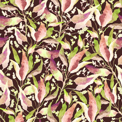 Seamless pattern with stylized leaves. Floral endless pattern filled with green and pink leaves. Watercolor hand drawn illustration on a black background.