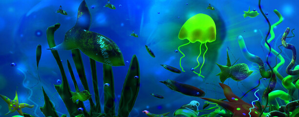 Tropical fish in aquarium. Underwater world.
