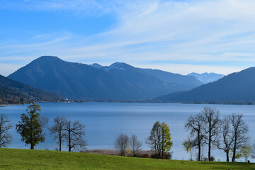 German and Austrian Alps right behind the Tegernsee lake in south Germany Bavaria. German lake with Alps mountains in autumn