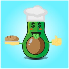Cute half avocado baker cartoon face character with hat and bread image design