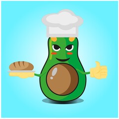 Cute half avocado baker cartoon face character with hat and bread image design