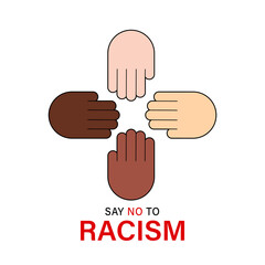 Say no to racism quote vector design. Skin color difference handwritten lettering phrase, different skin tones from light to dark and raised arm, fight fist gesture.