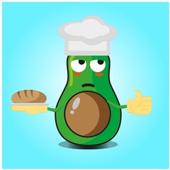 Cute half avocado baker cartoon face character with hat and bread image design