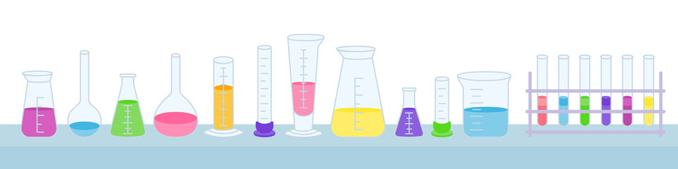 Flask and beaker, microscope, jars. Equipment lab science chemistry, flat cartoon set. Erlenmeyer flask, distilling, volumetric, test tube. lab research elements stand on table. Vector illustration