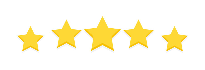 Five yellow stars, customer product rating customer review. Level rank icon for app, web, game. Appraisal in simple flat, cartoon style. Premium quality service. Isolated on white vector illustration