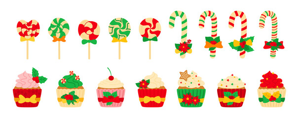 Christmas sweets, candy and cupcake set. Tasty holiday colorful flat cartoon sweets. Lollipop cane caramel, sugar cake cream. New year and christmas food, decorated holly. Isolated vector illustration