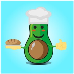 Cute half avocado baker cartoon face character with hat and bread image design