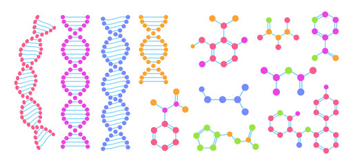 Molecular structure chemical atom flat cartoon set. Abstract structure DNA molecule. Chemistry science, molecular structure, laboratory cell protein multicolored. Vector illustration