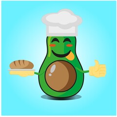 Cute half avocado baker cartoon face character with hat and bread image design