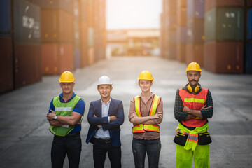 worker teamwork and partner of foreman, engineer, and businessman working in an international shipping area, concept of business industrial and working in container yard