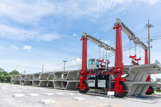 Stock precast segmental box girder bridge, Bridge with Straddle Carrier Gantry Crane construction, Concrete industrial factory, Express way project