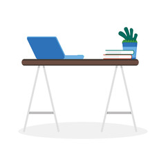 Table with book stack and home pot plants, isolated on white, flat vector illustration