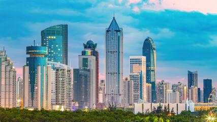 Haikou City Skyline in the Binhai Avenue CBD, The Capital City of Hainan Free Trade Zone, China,...