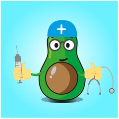 Cute half avocado doctor cartoon face character with sthethoskop and syringe image design