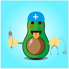 Cute half avocado doctor cartoon face character with sthethoskop and syringe image design