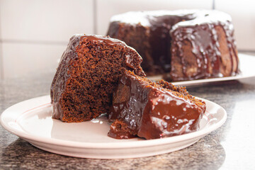 chocolate cake with coffee on a plate